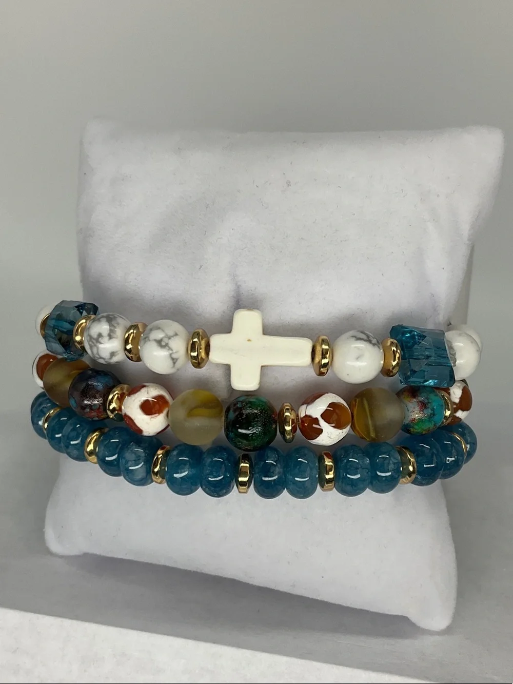 Turquoise, White & Gold Stackable Stretch Beaded Bracelet Set with Cross